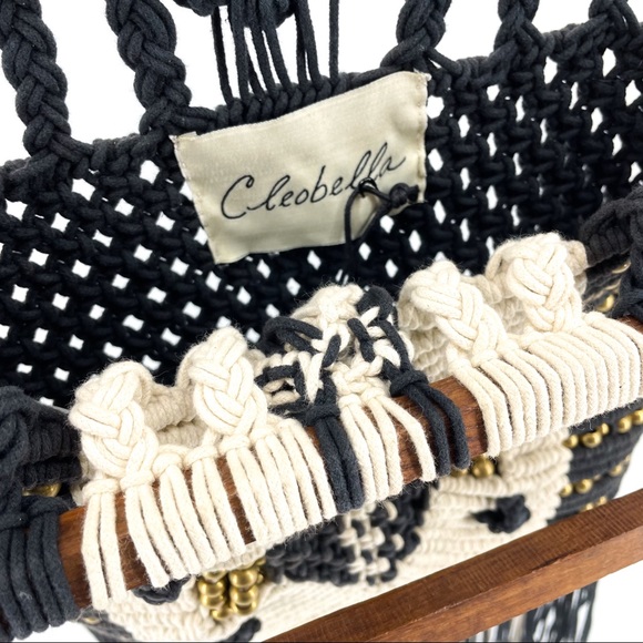 CLEOBELLA🌺Seville Boho Fringe Retro Macrame Beaded Clutch Black & White - Picture 7 of 12